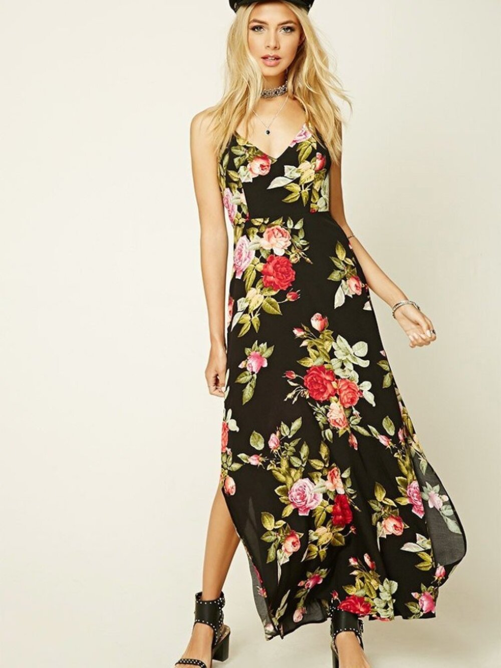 Forever 21 Black Red Floral Print halter maxi Dress Medium M